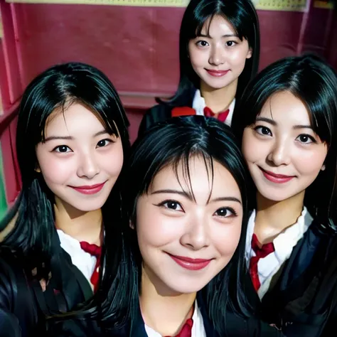 a picture、(multiple girls),((6+girls))、10 girls、The same face、10 cute 16-year-old girls with long black hair in matching school uniforms、a smile、selfee、‎Classroom、Raw photo、same person