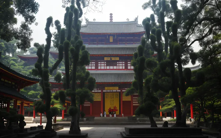 there is a big building，There are many windows and many trees, Taoist temple and monks, temple, Buddhist monasteries, a temple, large temples, Tang Dynasty Palace, in front, Chinese temple, Chinese architecture, Front view, Temple in the background, japane...