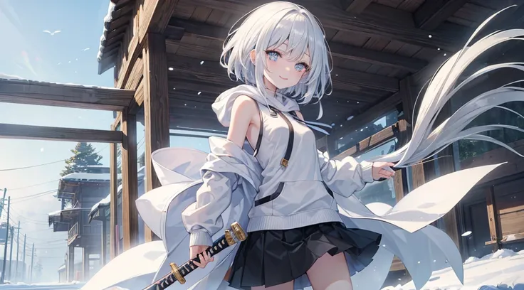 mid-shot, Look at viewers, hands behind back, girl with, 20 years old, Very short hair, long bangs between eyes, hair over shoulder, Grey Hair, Floating hair, ^ ^, pale blue eyes,, Hoodie, The shirt,Skirt, Bare shoulder, White clothes, Blue sky, Nature, Su...