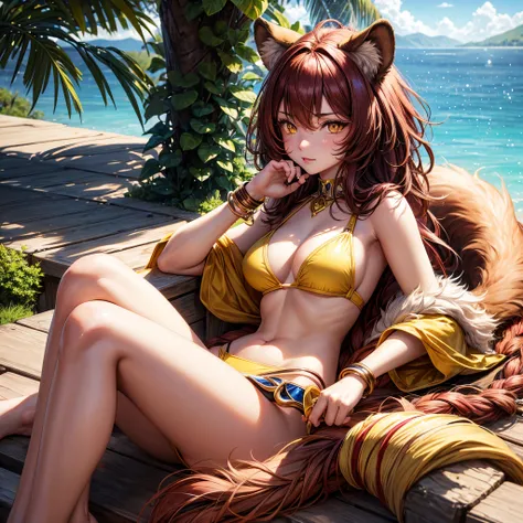 Teen girl with the ears and tail from a lion have dark red hair and yellow eyes, fur bikini, Yellow Eyes, High detailed Face, High detailed Eyes, Perfect Face, Detailed Hand, Detailed tail,sitting by a lake,