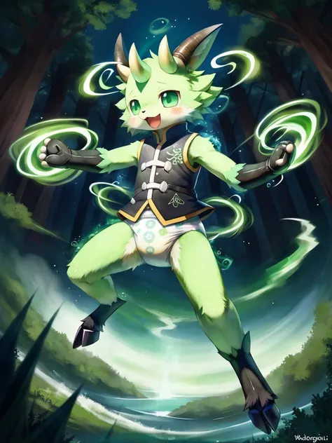 ((by wadorigi on Twitter)(Lamb)), pokemon, kid proportions, cute, adorable  , thin thighs, hooves,  upper limb hooves, light green fur, horns made of emerald , powerful green spiral wind current on surroundings, ( glowing green swirling whirlwind effect), ...