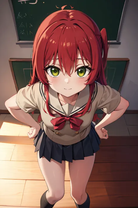 kitaikuyo, ikuyo kita, (green eyes:1.5), hair between eyes, long hair, one side up, red hair, (flat chest:1.2),
break black foot...