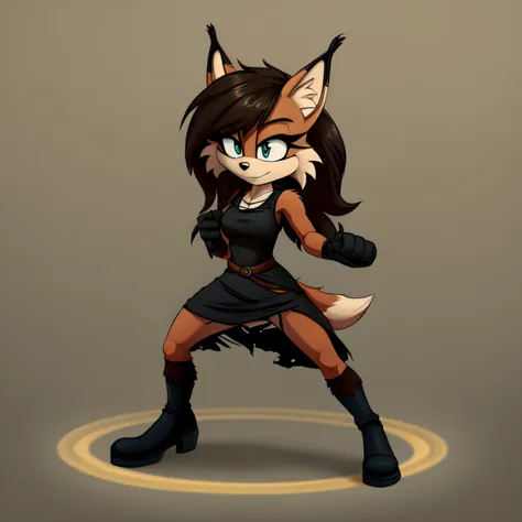 female, mobian, lynx, long hair, slightly torn/damaged athletic red and black dress like attire, fighting stance