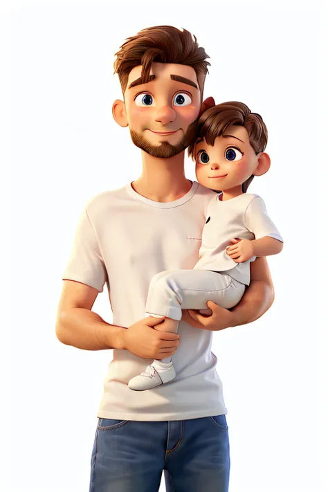 there is a man (white t-shirt) holding a baby in his arms, with a daughter kid, father with child, in plain white background