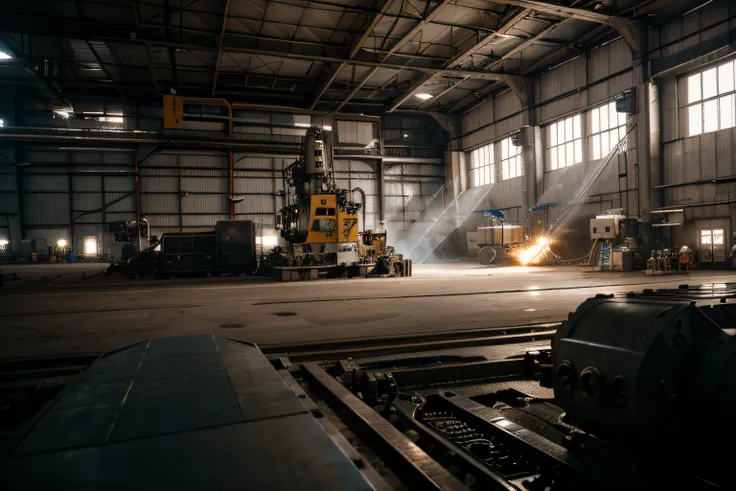 Automated factory production, looking down at the earth, strong metal texture, bright picture, different machines, photography master, details of factory machines, ultra-wide angle, high realism, light and dark