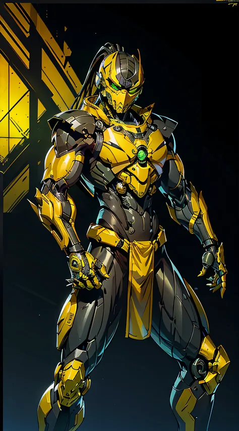 zxcrx, cyborg ninja wearing sleek, black and yellow armour that incorporates various mechanical components, his face is covered ...