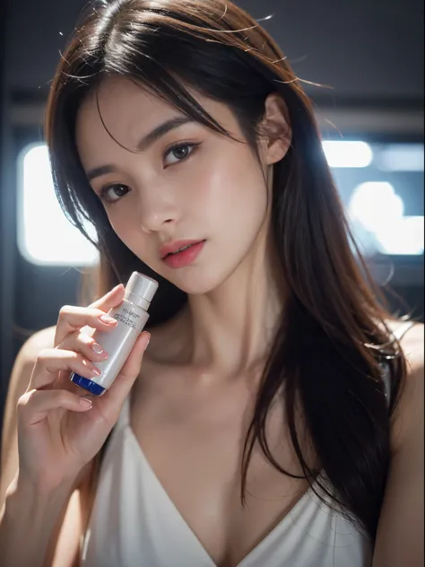 1 female-focused, a female model has a cosmetic bottle in her hands, the models skin is healthy and clear, and the cosmetics bottle shines luxuriously, skin care, flower cosmetics commercial photos, clean atmosphere, in the studio, shot on Hasselblad cam...