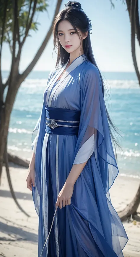 A 40-year-old woman in a blue dress stands on the beach, Digital painting inspired by blue eagle, cgsociety contest winner, Fantasyart, Queen of the Sea Mu Yanling, Dawn CG Association, beautiful fantasy empress, full body cgsociety, cgsociety 8k, cgsociet...