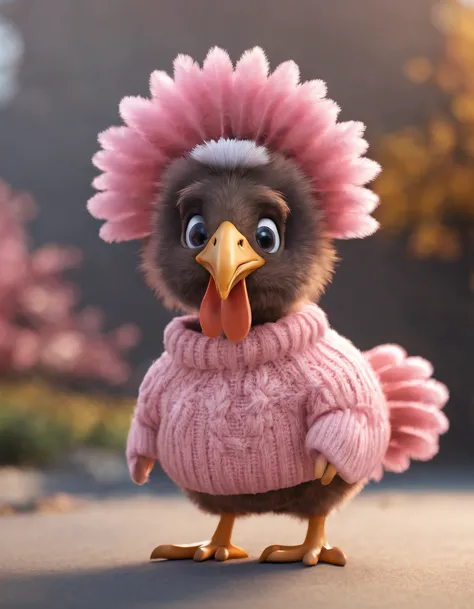 Full body 3D rendering of a cute turkey wearing a pink sweater, Focus sharp, Hyper-realism, Fluffy, Unreal Engine 5 quality rendering, a 3D render, furry art, --ar 2:3 --q 2 50 --v 5 --s 2