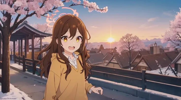 1girl, brown hair, smiling, orange yellow eyes, yellow circular halo, uniform, outside, winter morning, sunrise, cherry blossoms...