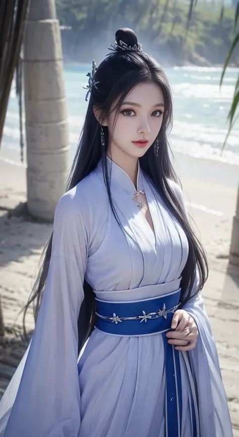 A woman in a blue dress standing on the beach, Digital painting inspired by blue eagle, cgsociety contest winner, Fantasyart, Queen of the Sea Mu Yanling, Dawn CG Association, beautiful fantasy empress, full body cgsociety, cgsociety 8k, cgsociety 8k, cgso...