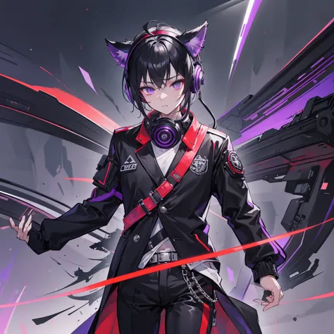 Masterpiece, high res, the body of a young man, Sci-fi jacket,, black pants, headphones around neck, wolf ears on head, Sci-fi city background, (short black hair, (Violet dragon eyes, wearing black and red Jacket)