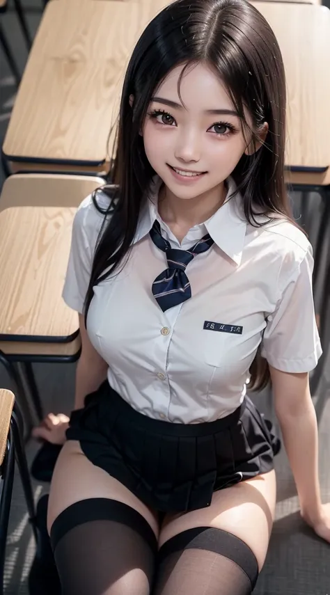 (top-quality、masutepiece、超A high resolution)、(Inside the classroom、Shooting from above、Looking at the camera、Semi-long、straight haired:1.1、A dark-haired:1.1、a smile:1.7)、((Semen、open ones legs、sit on desk、Groin groin groin、a wet body)、hi-school girl、kawaii...