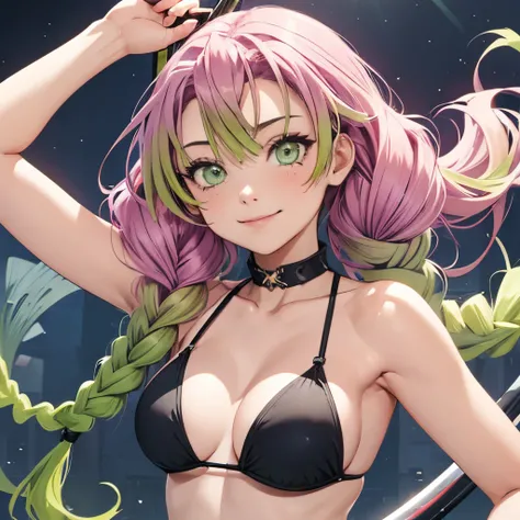 (Smile), The bikini, Japanese Katana Sword, Holding a sword in his hand,Gradient Hair, (Green eyes:1.5), Green hair, Mole under the eyes, multicolored hair, Pink hair, Twin braids, Two-tone hair,