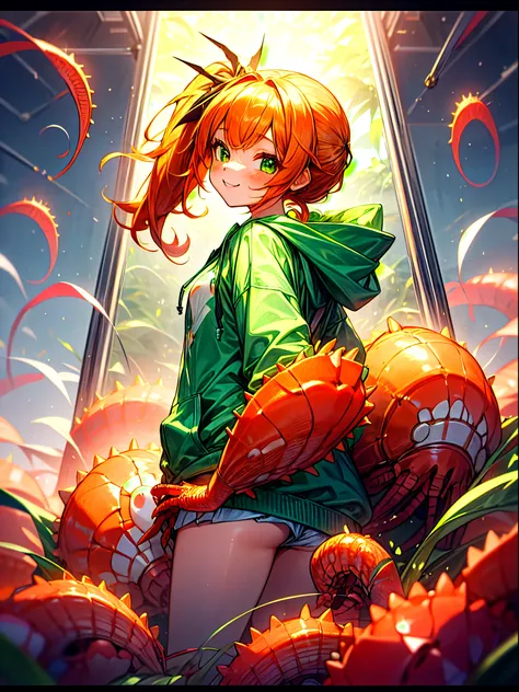 Cute little spiny lobster, girl,Orange hair、large round green eyes、Side Ponytail、small tits, ((Green hoodie:1.2)),Choose a shrimp dish,cute shrimp nest room,Cute, cuteness, Happy, Smiling,shrimp around, Happy environment, Dolce,Cute atmosphere