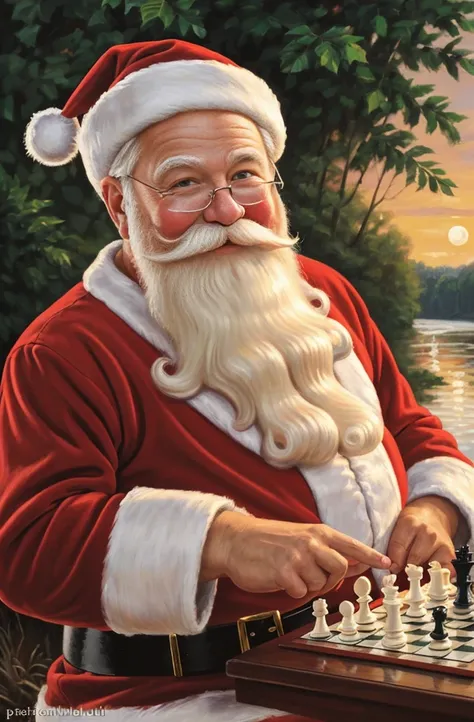 oil painting (santa claus:1.1,chess:1.1,river bank,summer evening),oil painting,classic style,dreamy colors,soft lighting