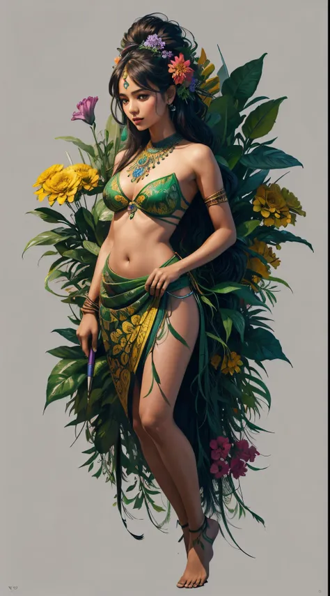 the image showcases a breathtaking and stunningly beautiful east indian girl whose body is fused with flowers and foliage, vibra...