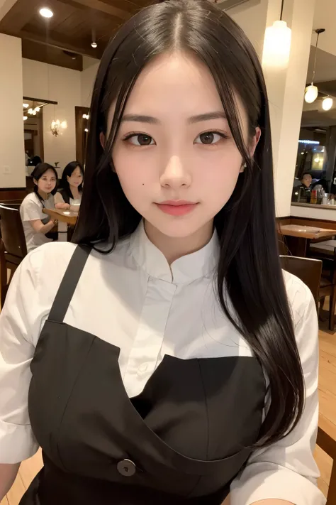 ((best quality)), ((masterpiece)), (detailed), perfect face, 1girl, black hair, long hair, waiter, restaurant