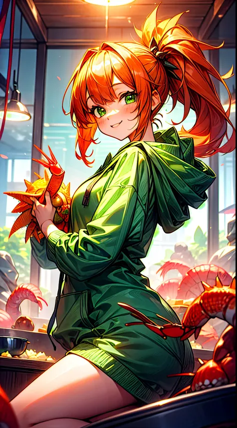 Cute little spiny lobster, girl,Orange hair、large round green eyes、Side Ponytail、small tits, ((Green hoodie:1.2)),Choose a shrimp dish,cute shrimp nest room, Smiling,shrimp around, Happy environment, Dolce,Cute atmosphere