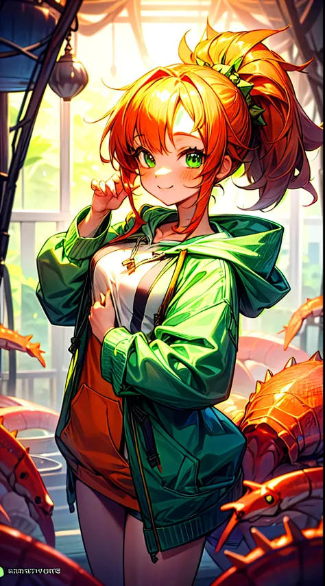 Cute little spiny lobster, girl,Orange hair、large round green eyes、Side Ponytail、small tits, ((Green hoodie:1.2)),Choose a shrimp dish,cute shrimp nest room, Smiling,shrimp around, Happy environment, Dolce,Cute atmosphere