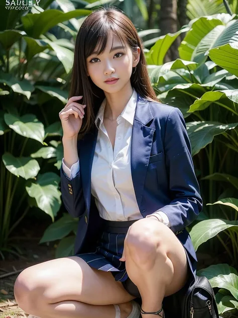 ((top-quality、in 8K、​masterpiece:1.3、Raw photo))、Super high quality photos, In the tropical jungle, ((Wearing business suit jacket and skirt)), ((Wear a white blouse shirt under the jacket)), ((Perfect beauty 20 year old idol Japan woman)), ((a smile)), ((...