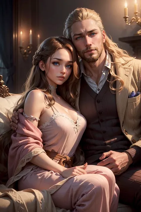 ((A couple in love)), ((woman with long brown hair, blue eyes dressed in pajams)), sitting by a fireplace with ((man with short blonde hair and a beard dressed in pajamas)), (((snuggle))),  hair with many details, 8k artgerm bokeh, fanart best artstation, ...