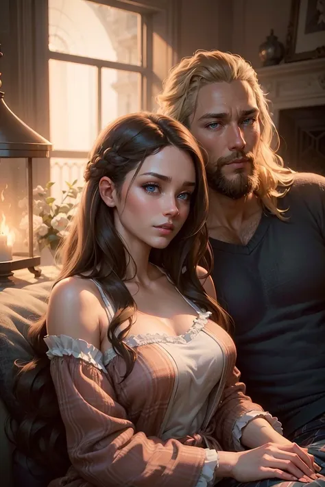 ((A couple in love)), ((woman with long brown hair, blue eyes dressed in pajams)), sitting by a fireplace with ((man with short blonde hair and a beard dressed in pajamas)), (((snuggle))),  hair with many details, 8k artgerm bokeh, fanart best artstation, ...