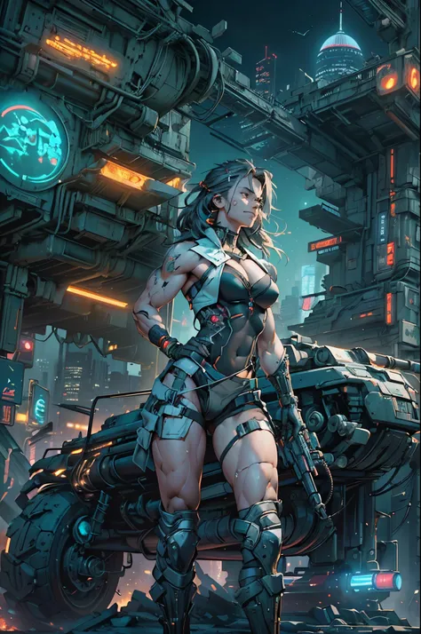 （(His works have won many awards, With incredible details, textures and maximum detail，(フォトリアリスティック))），(((Describe future wars in a cyberpunk style，human character&#39;holy war，)))，early evening，The setting sun slopes to the west，Raid on robots is being se...