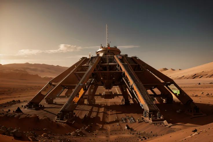 On Mars, machines build foundations, bright picture, different machines, futuristic, photography master, details of factory machines, ultra-wide angle, high realism, light and dark