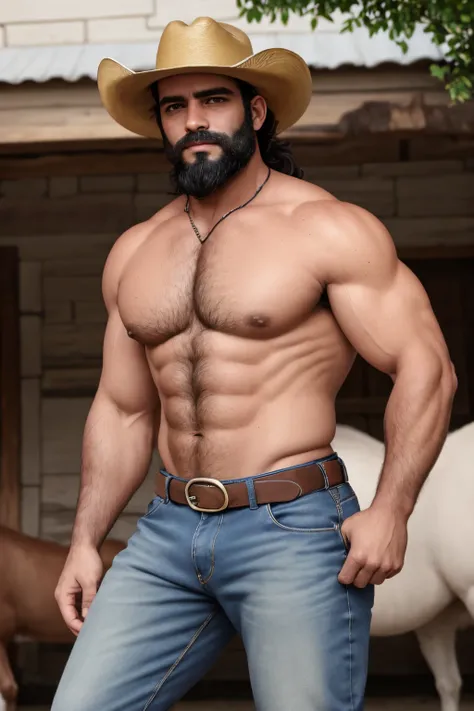 An illustration of a Greek god with a muscular build and a thick beard..., designed in modern western attire... Tiene una chaqueta de mezclilla y jeans..., with a cowboy hat tilted at a debauched angle on his head. His expression is confident and charming....