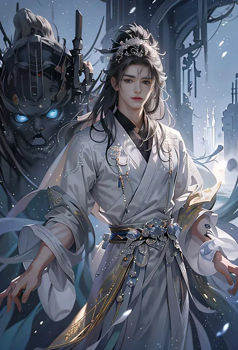 (Extremely Delicately Beautiful:1.2), 8K, (tmasterpiece, The best:1.0), , (long_plata_the hair_male people:1.5), Upper body body, along_male with hair, (totally symmetrical_eyed:1.3) Cool and attractive, evil_staredown, dressed white hanfu, and intricate d...