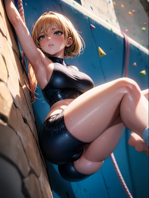 Best Quality, masutepiece,  High resolution, (Anime Heroine Illustration), Anime Paint, 1beautiful girl ,Dynamic Angle,Female Sport Climber,small head,Large breasts,nice legs, Glowing skin, Sweat,At the sport climbing venue ,Cool,