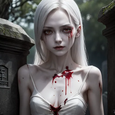 corpse, sinister, female, thin, pale, looking at the camera, ultra realistic, fully detailed, cemetery environment, bright eyes, white dress torn and stained with blood, bones exposed, putrid wounds, sensual, terrifying, bruised by the body, exposed fractu...