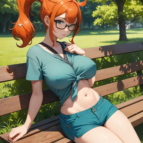 (masterpiece, best quality:1.2), solo, 1girl, sonia, orange hair, side ponytail, heart hair ornament, eyewear on head, (aqua shorts), close up, ((gigantic boobs)), sitting on parkbench, under a tree, ((low rise shorts)), ((grey tied shirt)), midriff