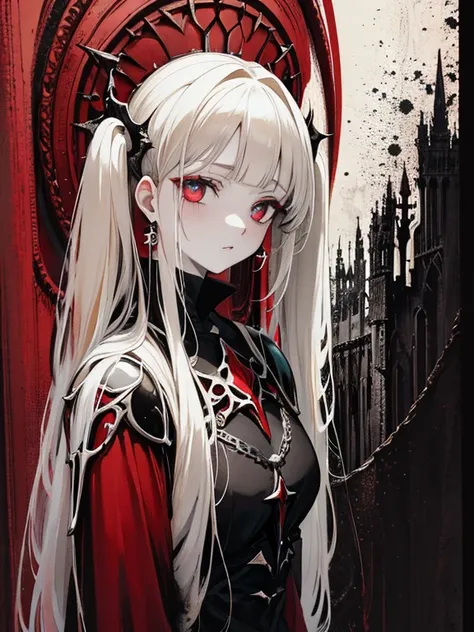 pale young divine gothic priestess, twintails, pure white skin, rust decay, Beautiful full body symmetrical portrait, Delicate blonde hairstyle, crimson eyes, dark red elegant gothic armor, encrusted with red gems, dark cathedral, masterpiece, Highest imag...