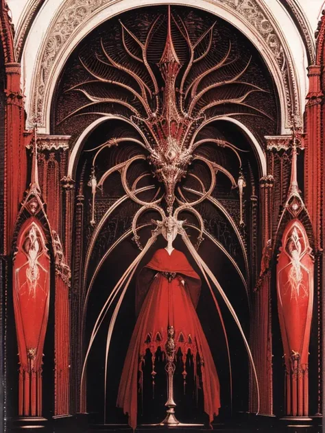 pale young divine gothic priestess, twintails, pure white skin, rust decay, Beautiful full body symmetrical portrait, Delicate blonde hairstyle, crimson eyes, dark red elegant gothic armor, encrusted with red gems, dark cathedral, masterpiece, Highest imag...