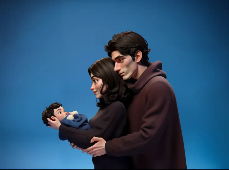 Disney Pixar-style, 3D, caricature of a couple holding a baby boy in a studio setting. The couple is posing in profile, embracing each other happily. The woman is wearing a black sweater and has long dark brown hair and a pale complexion. The man is wearin...