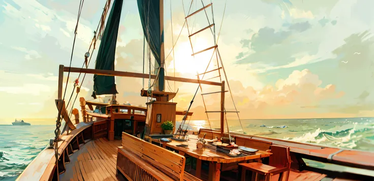 Pirate ship, local, details, day, clear, noon, ((sunny)), noon, bow details, ship,watercraft, ocean, ship, cloud, ((blue sky)), boat, scenery, outdoors, bird, water, horizon, no humans,  waves, sun