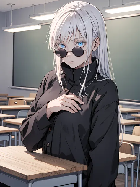 Woman, famale version, female, jujutsu kaisen, solo, alone, white hair, bangs, long hair, white eyebrows, white eyelashes, light blue eyes, wearing round sunglasses, wearing black shirt, black sleeves, black clothing, in classroom, school, high quality, 4k...