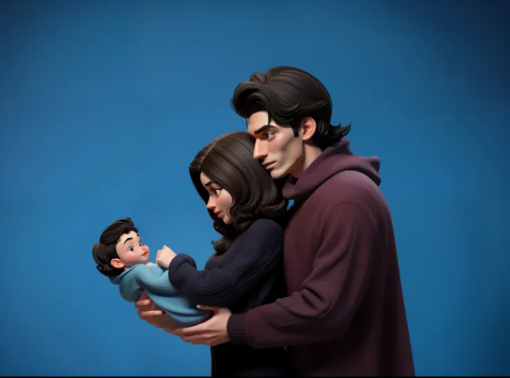 Disney Pixar-style, 3D, caricature of a couple holding a baby boy in a studio setting. The couple is posing in profile, embracing each other happily. The woman is wearing a black sweater and has long dark brown hair and a pale complexion. The man is wearin...