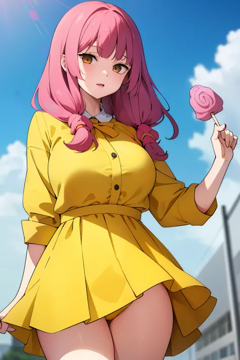 Cute girl, with a big lollipop in her hand, Large round lollipop, lollipop, Yellow clothes