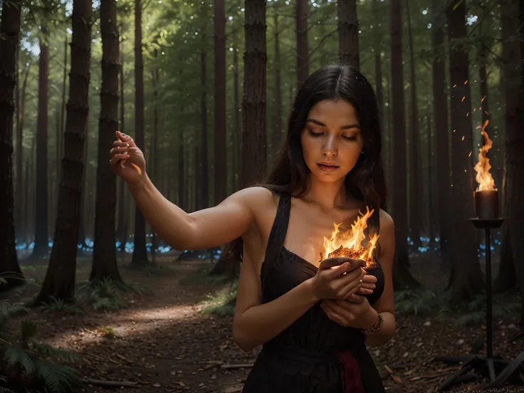 "Craft a compelling image of a powerful woman with fire-based abilities in a mystical forest. Showcase her fiery aura, dynamic flames, and the enchanting play of light and shadows among ancient trees. Capture the essence of strength and mysticism as she ha...