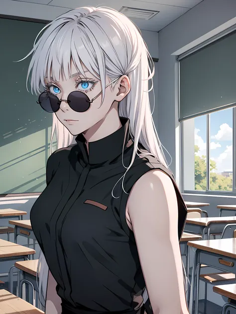 Woman, famale version, female, jujutsu kaisen, solo, alone, white hair, bangs, long hair, white eyebrows, white eyelashes, light blue eyes, wearing round sunglasses, wearing black shirt, black sleeves, black clothing, in classroom, school, high quality, 4k...