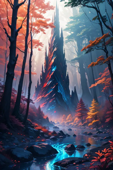 crystalline forest, lava river, vibrant colors, detailed vegetation, glowing crystals, iridescent plants, sparkling leaves, ethereal atmosphere, surreal scenery, translucent trees, mystical glow, surreal reflections, shimmering water, vibrant energy, fiery...