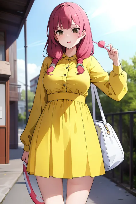 Cute girl, with a big lollipop in her hand, Large round lollipop, lollipop, Yellow clothes