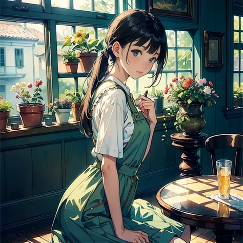 (Watercolor in Sargent style)、(top-quality、​masterpiece)、超A high resolution、high-detail、(David Hamilton Style)、(softfocus)、Cinema Angle、ciinematic light、Soft light、1girl in、17 age、Woman with dark hair、poneyTail、pinafore、a plant、Flowers on the windowsill、Bo...