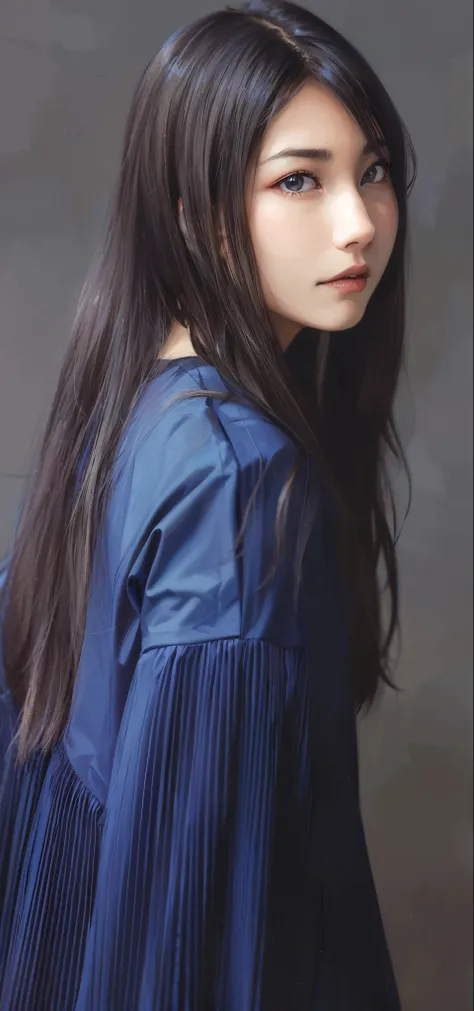 a close up of a woman with long hair wearing a blue dress, with long hair, sui ishida with black hair, dark blue long hair, with long dark hair, long thin black hair, by Mei Qing, asian girl with long hair, with long black hair, straight hairstyle, shinsui...