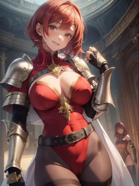 top-quality、Full limbs、complete fingers、one beautiful women、Beautiful Large Breasts、Medium short hair、straight haired、Red hair、(red high neck leotard:1.3)、(Brown pantyhose)、((sacred place))、Woman knight、((Western armor、gauntlets、a belt、breastplates、Shin pa...