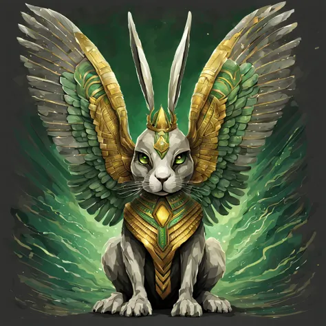 Rabbit Monster who is Egyptian sphinx-themed with feathered wings in light-gray green and gold colors can blast a beam of energy, best quality, masterpiece, background pyramid, in horror art style