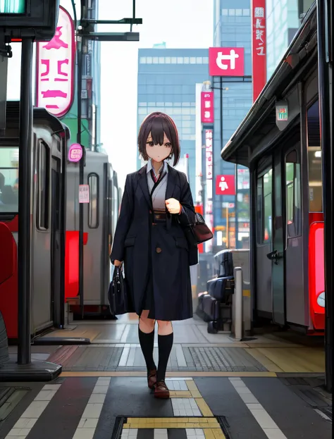 A girl walking in Tokyo Shinjuku area, with the last train in the background